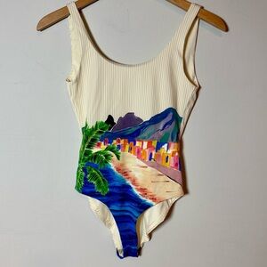 Onia Cream Tropical One Piece Swimsuit, Size S